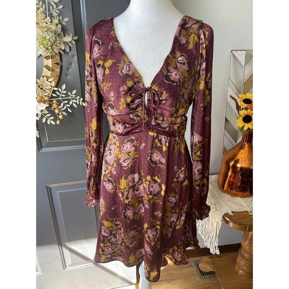 Free People Morning Light Maroon Floral Long sleeve Babydoll Y2K Dress Sz 10